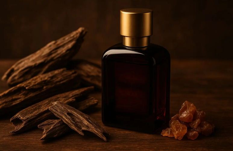 Ilustrasi parfum pria aroma oud dan amber.