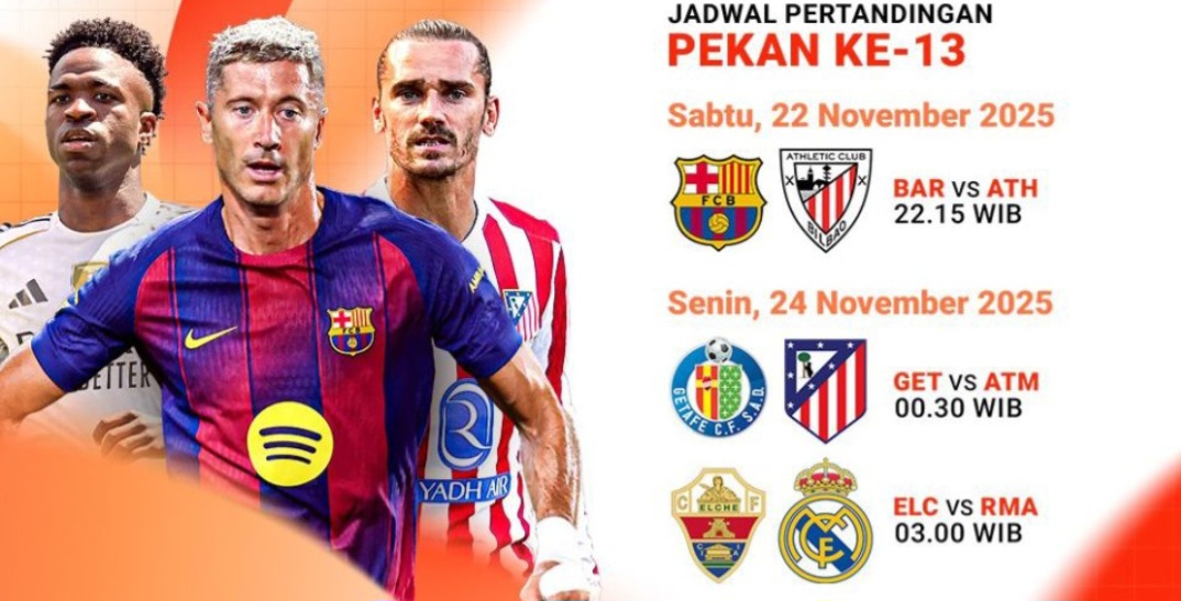Jadwal LaLiga pekan ke-13: Barcelona, Atletico, dan Real Madrid siap berlaga.