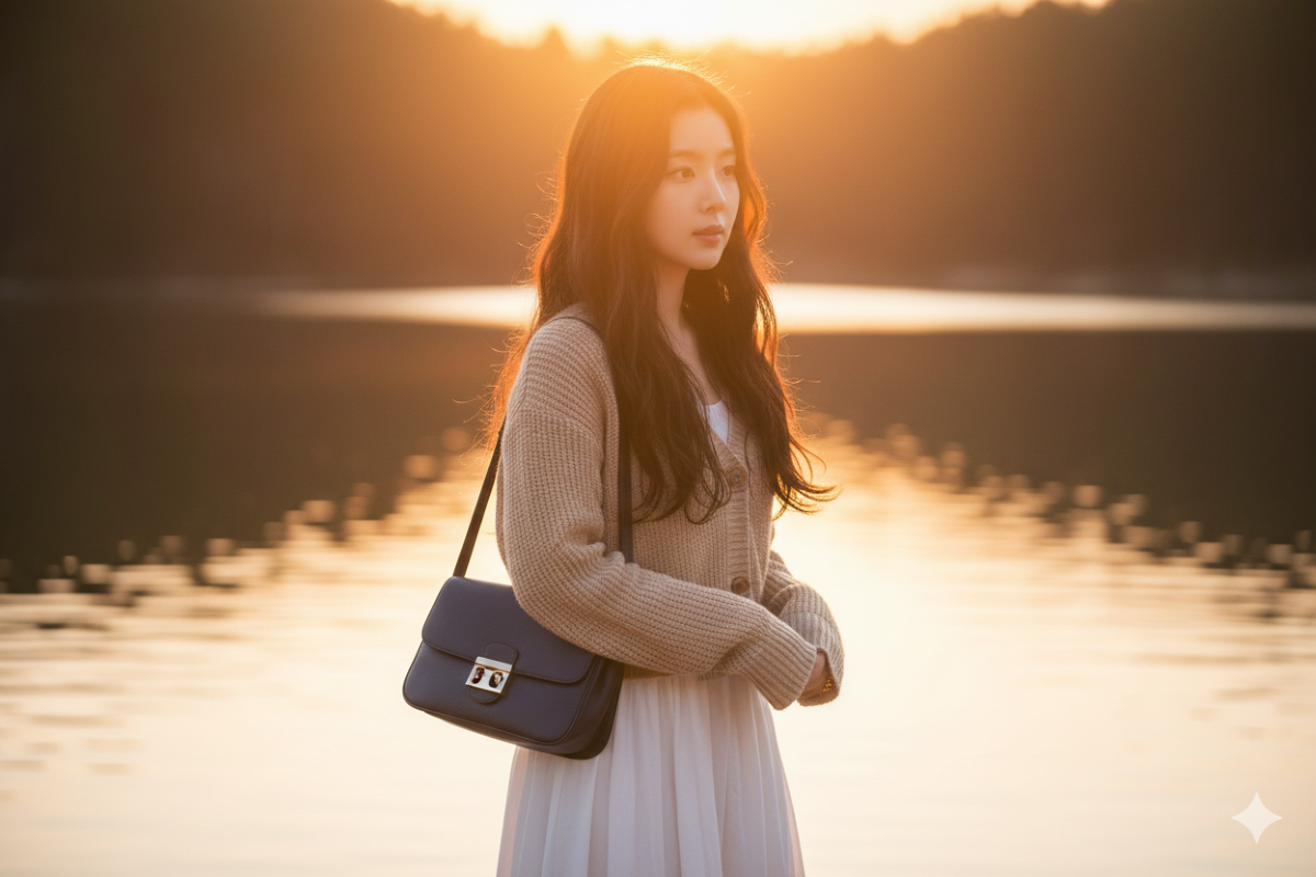 Hasil edit foto ala golden hour cinematic di tepi danau