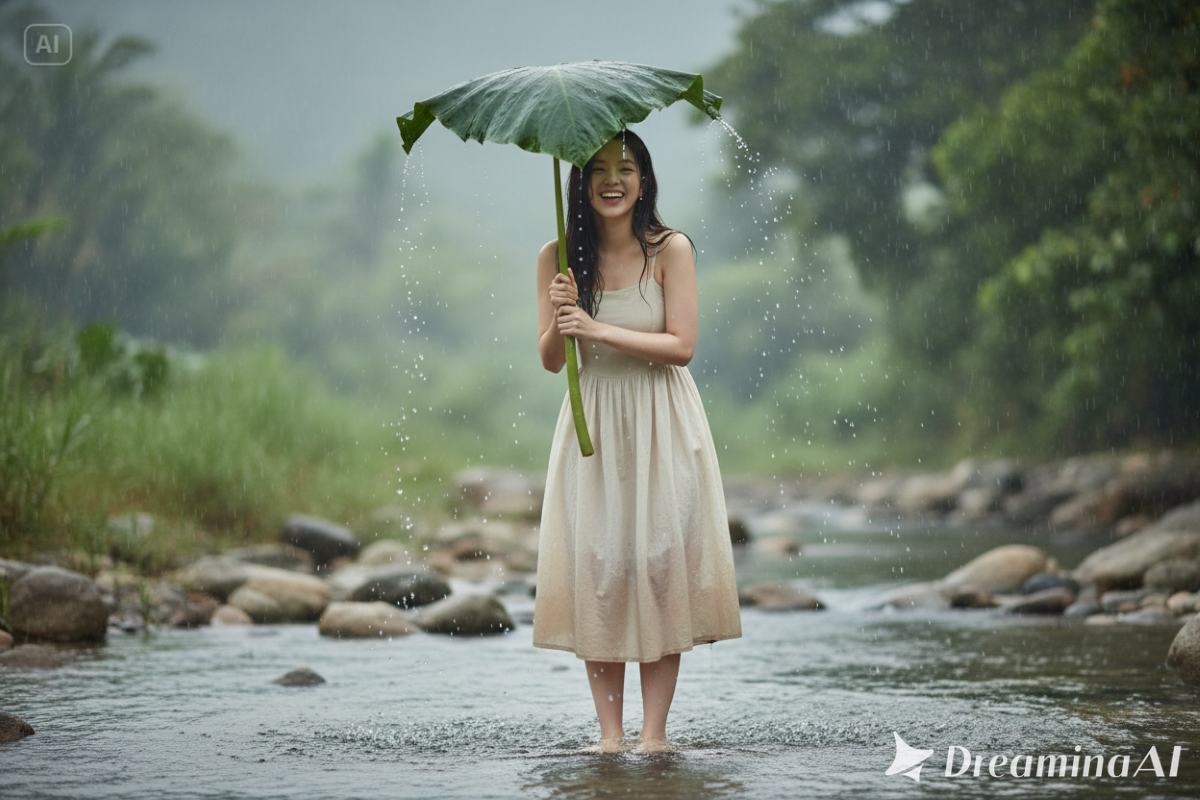 Hasil edit foto magis di bawah daun talas dengan suasana hujan