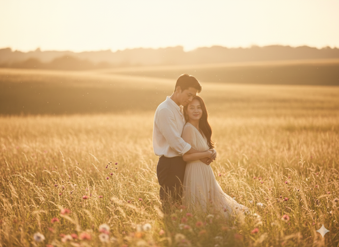Hasil edit foto prewedding romantis di golden hour dengan cahaya hangat