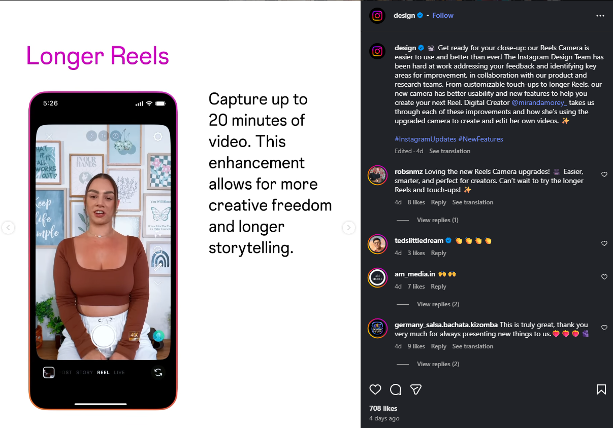 Instagram resmi memperpanjang durasi Reels hingga 20 menit.