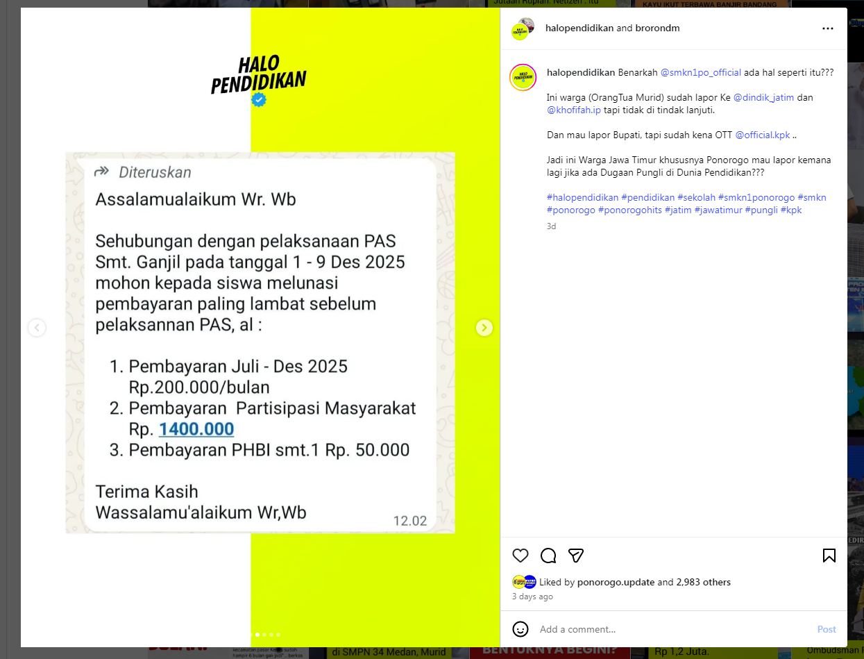 Viral potongan pesan soal iuran maksimal Rp 1,4 juta membuat SMKN 1 Ponorogo menjadi sorotan warganet, Jumat (28/11).