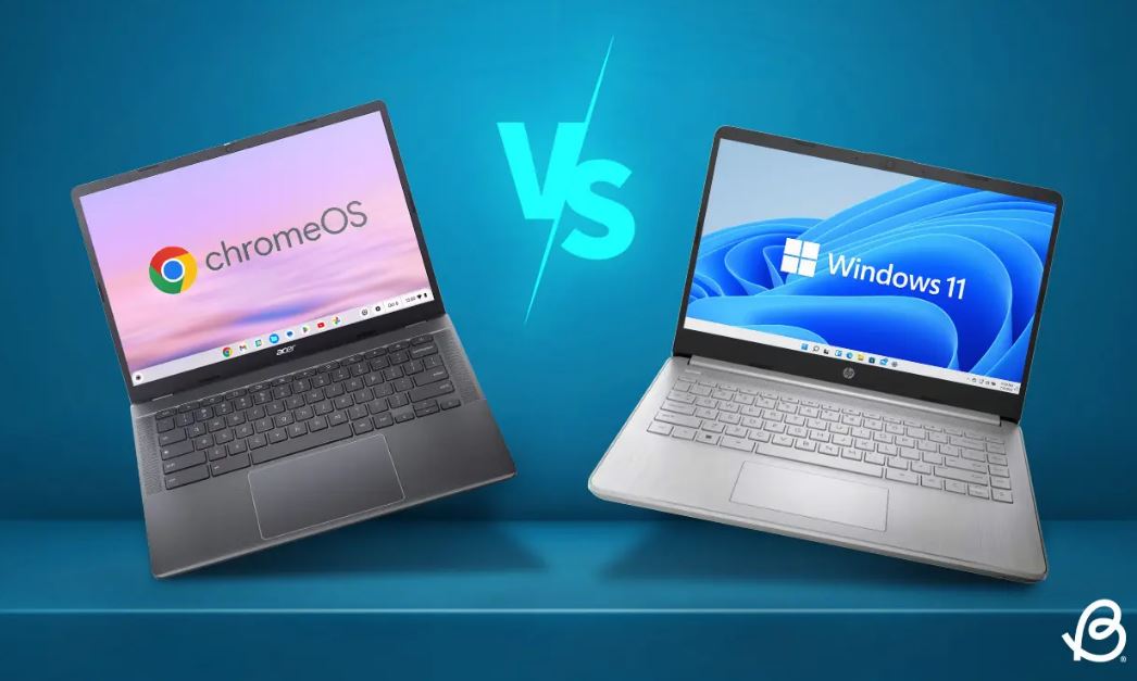 Ilustrasi perbandingan Chromebook dan Laptop Windows.