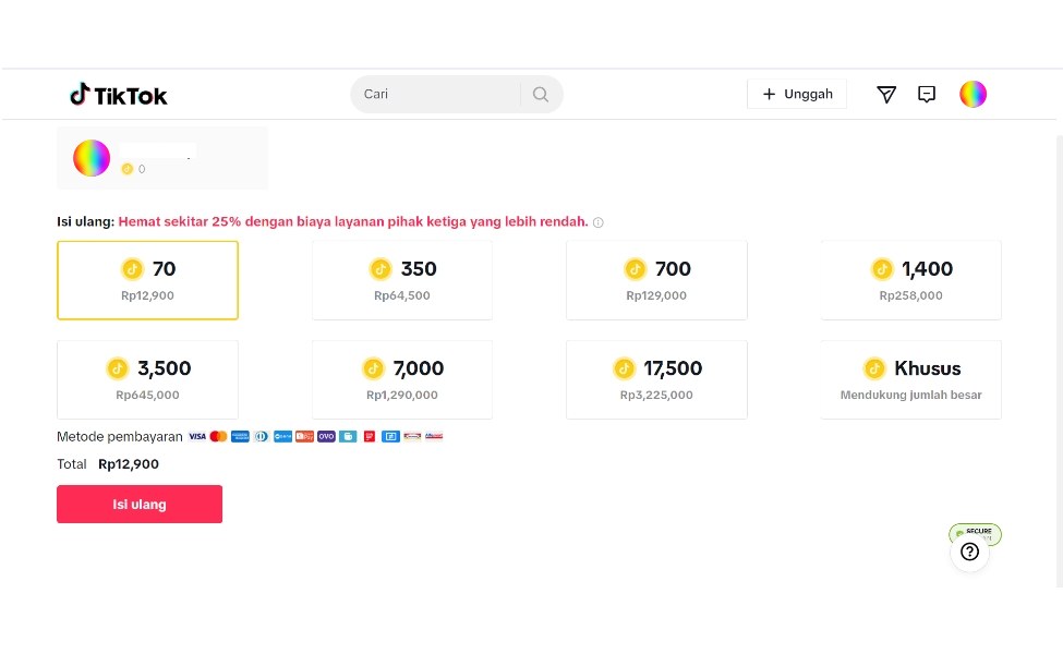 Ilustrasi top up koin TikTok.