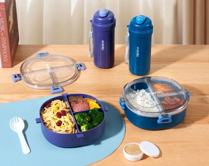 Ilustrasi peralatan makan lunch box dan tumbler Ecentio.