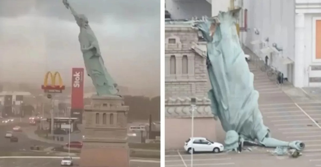Replika patung Liberty di Brazil tumbang ditiup angin.