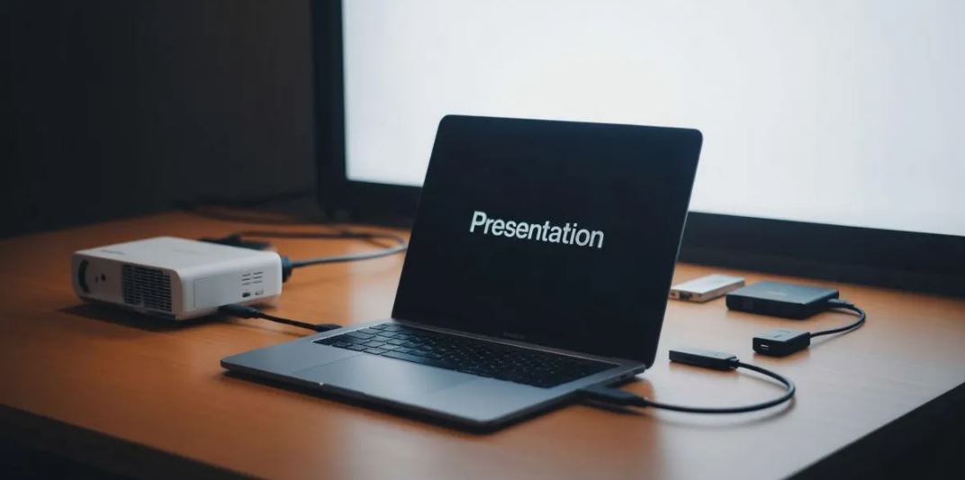 Ilustrasi menyambungkan tampilan MacBook ke proyektor.