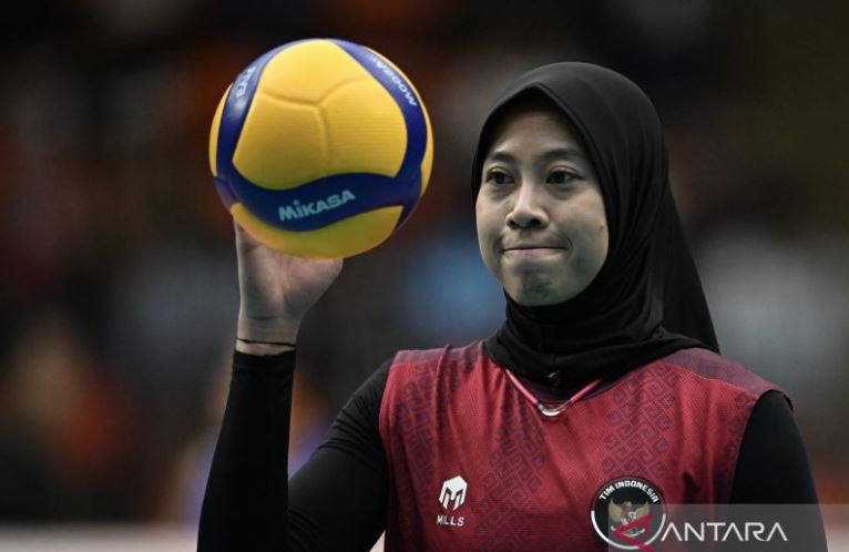 Pevoli Indonesia Megawati Hangestri Pertiwi dalam pertandingan perebutan medali perunggu voli putri SEA Games 2025.