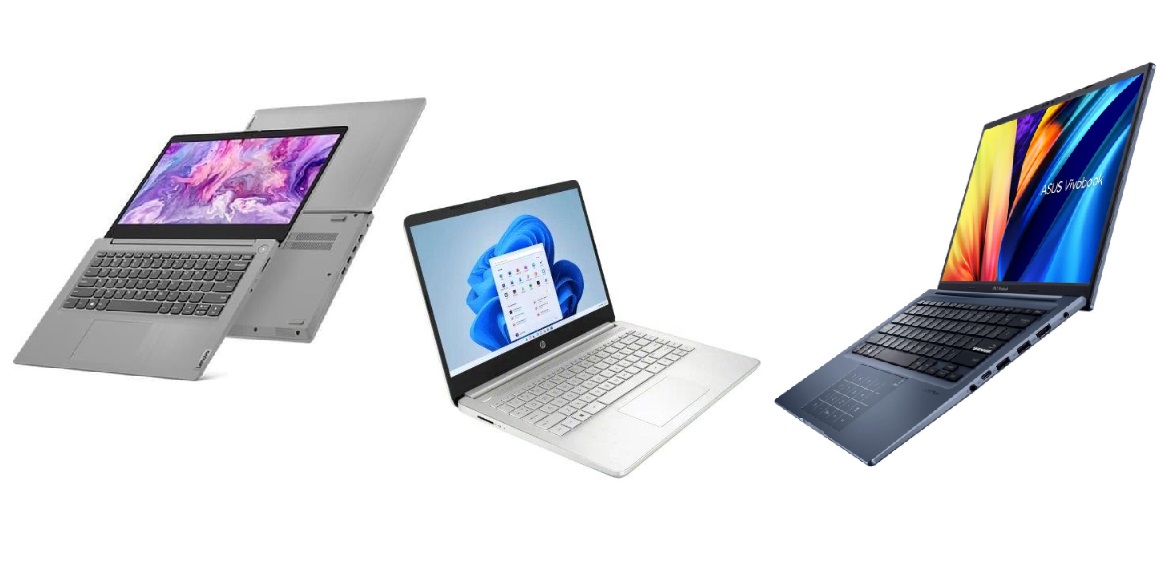 Ilustrasi perbandingan laptop Lenovo, ASUS, dan HP.