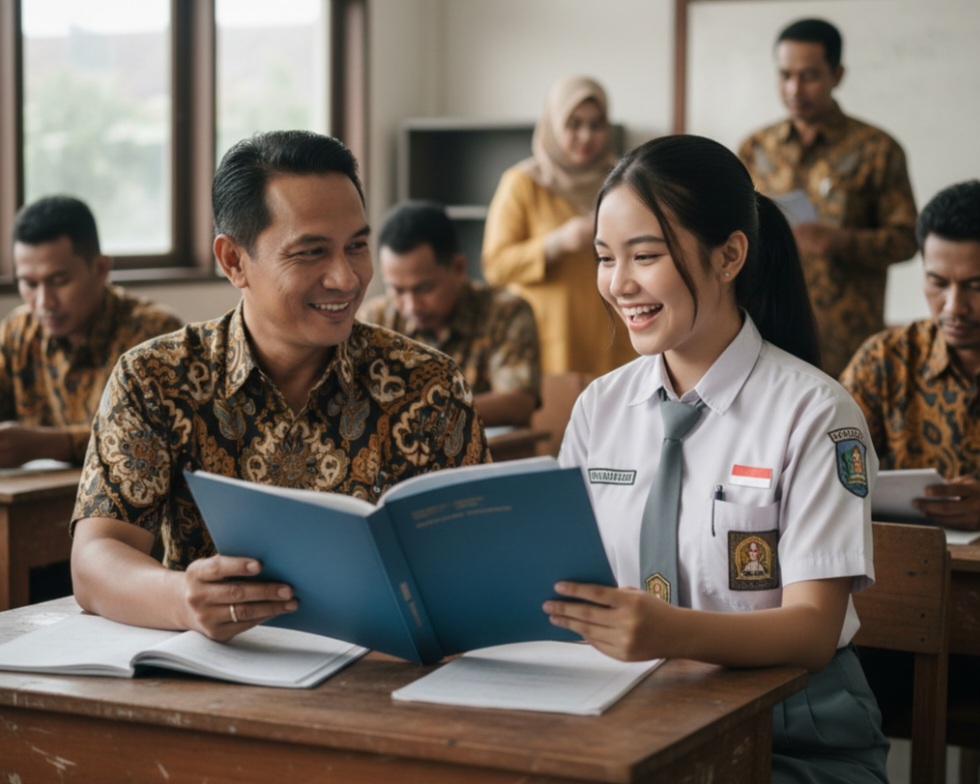 Ilustrasi seorang bapak mengambil rapor anak perempuannya.