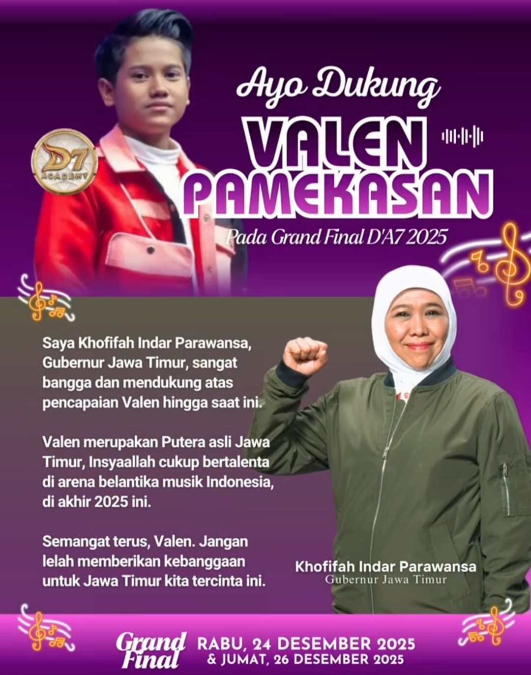 Gubernur Jatim Khofifah memberikan dukungan untuk Valen Pamekasan.