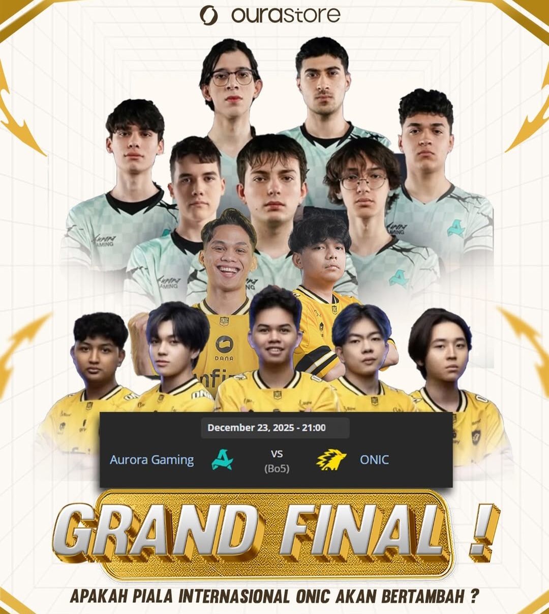 Onic menghadapi Aurora Gaming di grand final Games of the Future 2025 Mobile Legends.