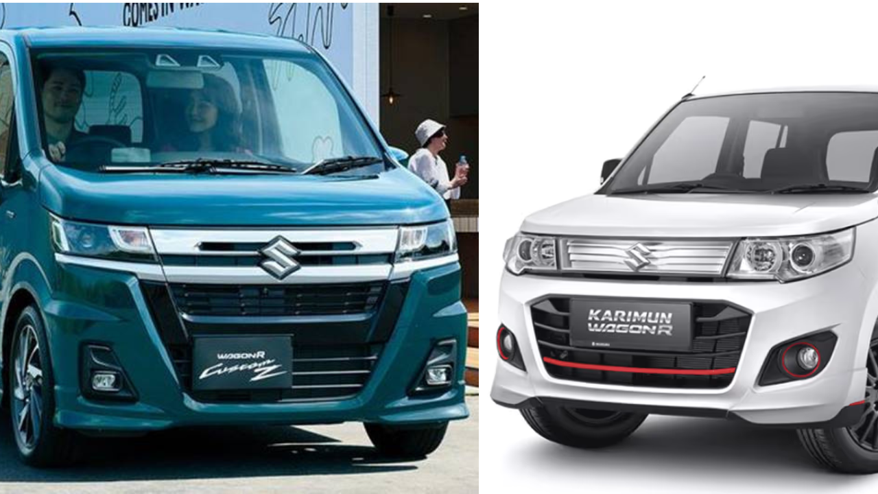 Ilustrasi sanding (split image). Kanan: Suzuki Karimun Wagon R versi Indonesia (LCGC) dengan desain sederhana. Kiri: Suzuki Wagon R terbaru versi Jepang dengan wajah agresif dan fitur radar.