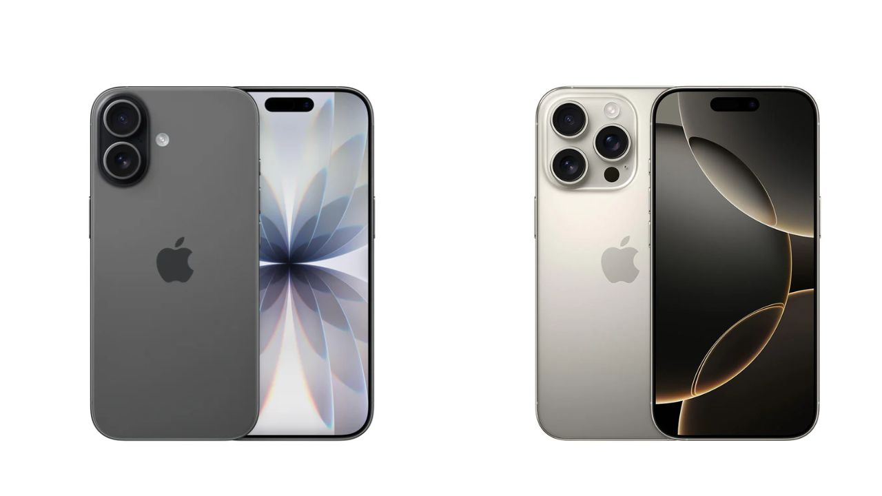 Ilustrasi perbandingan. Kiri: iPhone 17 reguler keluaran terbaru 2025. Kanan: iPhone 16 Pro keluaran 2024 dengan tiga kamera "boba".