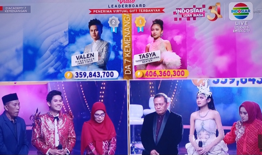 Leaderboard kemenangan grand final Dangdut Academy 7 menunjukkan perolehan Tasya unggul dari Valen.