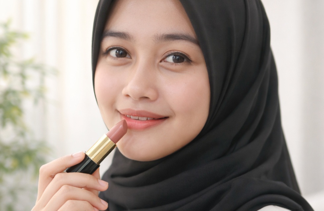 Ilustrasi ibu muda berhijab pakai lipstik.