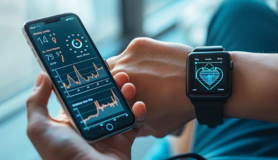 Ilustrasi smartwatch canggih yang kompatibel dengan Android dan iPhone.