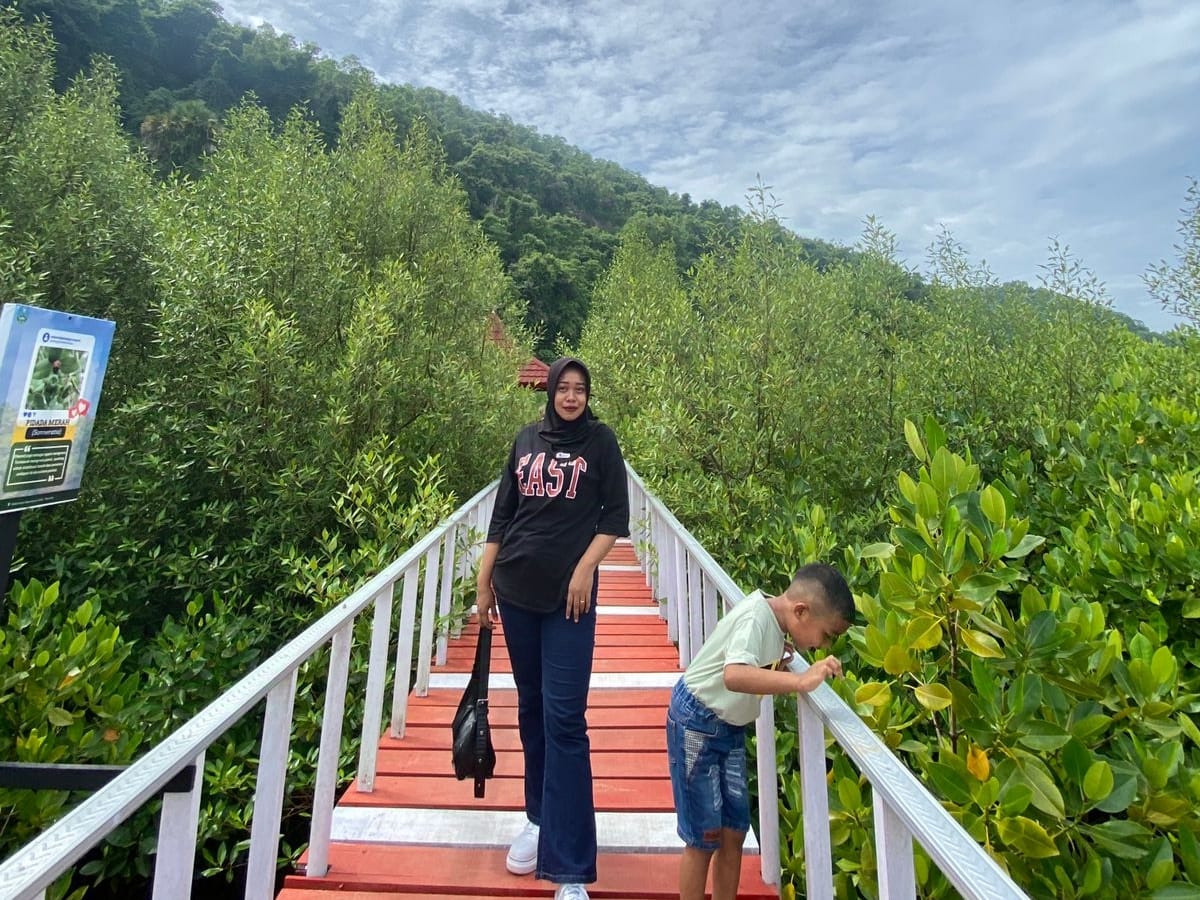 BERLIBUR: Seorang anak menikmati wisata edukasi di kawasan hutan mangrove Pacitan, Watu Mejo Mangrove Park, Senin (5/1).