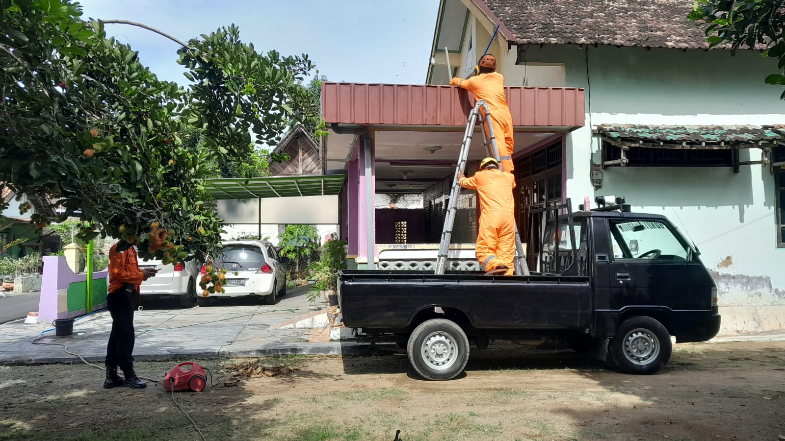 WASPADA: Petugas BPBD Kota Madiun mengevakuasi sarang tawon ndas atau vespa di atap rumah warga Kelurahan Banjarejo, Kecamatan Taman, kemarin (7/1). FOTO: BPBD KOTA MADIUN