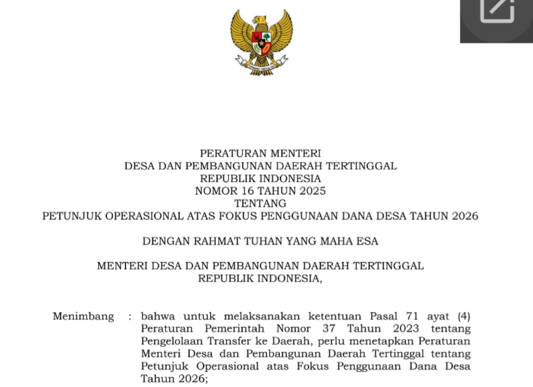Permendesa 16 Tahun 2025 menetapkan 8 fokus penggunaan Dana Desa 2026, termasuk BLT, ketahanan pangan, dan Koperasi Desa Merah Putih.