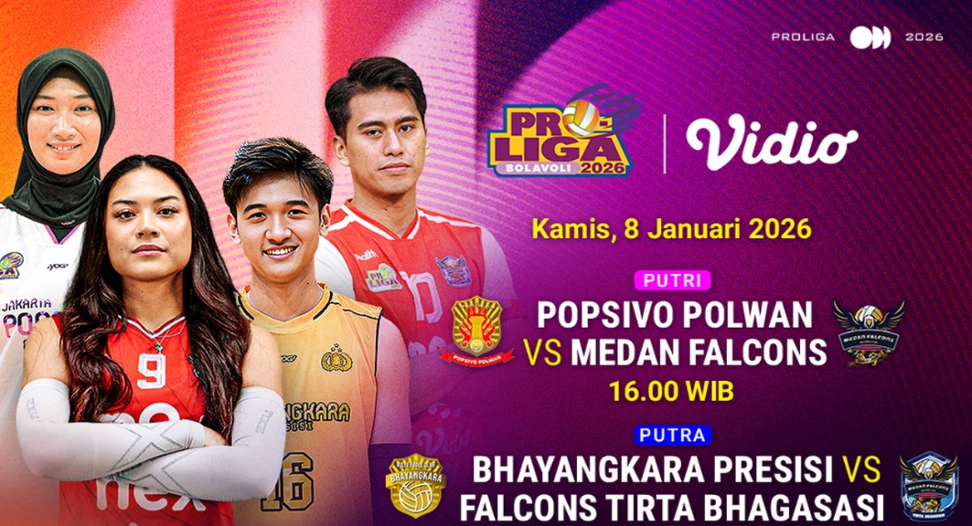 Proliga 2026 resmi dimulai 8 Januari. Popsivo Polwan dan Bhayangkara Presisi tampil di laga pembuka, live eksklusif di Vidio.