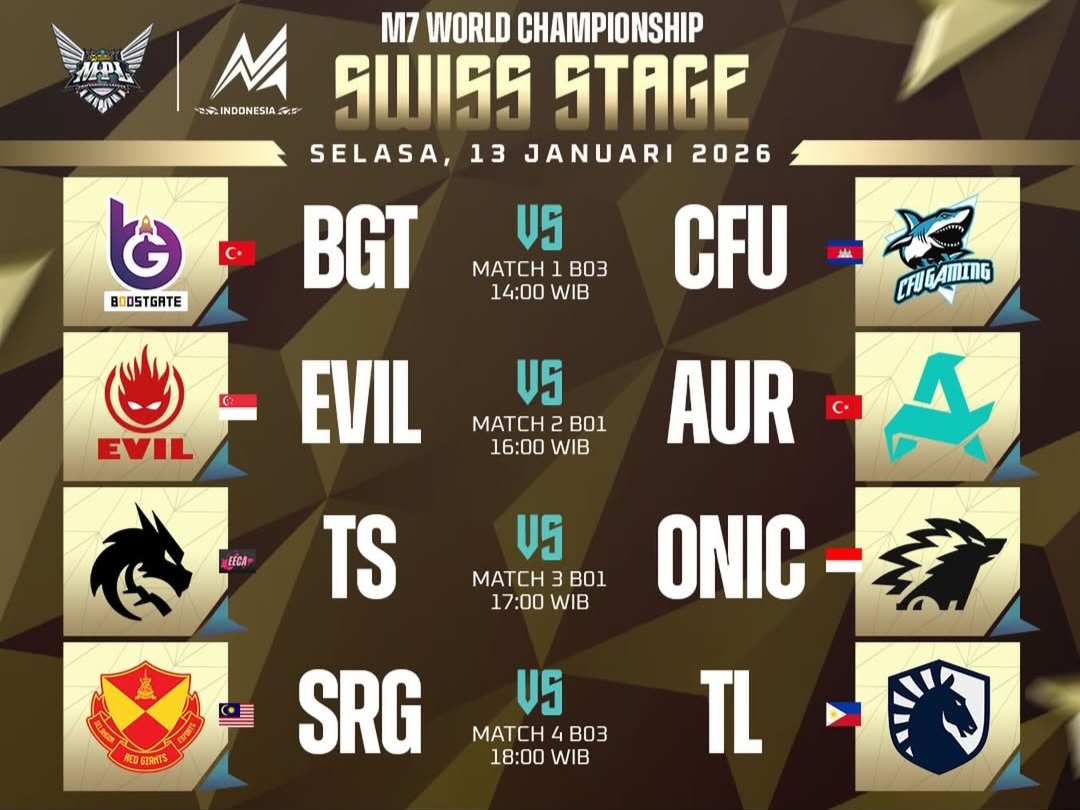 Jadwal M7 MLBB hari ini Selasa 13 Januari 2026. ONIC vs Team Spirit jadi laga krusial Swiss Stage ronde 3.