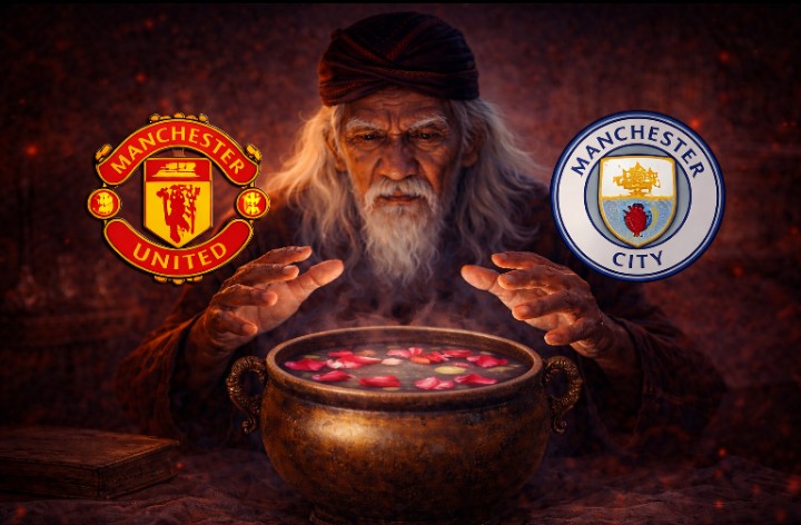 Mbah Sakat sedang meramal laga MU vs City di Liga Inggris musim 2025/2026.