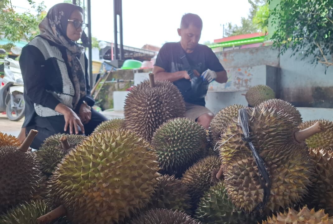 KULINERAN: Pengunjung memadati sentra wisata durian di Desa Segulung, Kecamatan Dagangan, menikmati durian langsung dari petani saat musim panen. DIAN RAHAYU/RADAR MADIUN