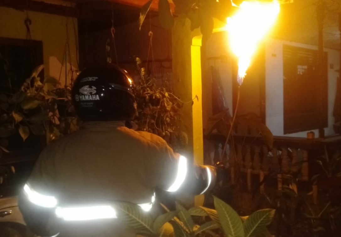 EVAKUASI: Petugas Damkar Pacitan menggunakan perlindungan seadanya saat membakar sarang tawon di atap rumah warga Desa Tanjungsari, Selasa (20/1) malam.