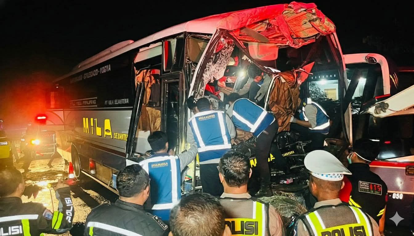 Petugas mengevakuasi kendaraan yang terlibat kecelakaan bus dan truk tronton di KM 594/B Ruas Tol Ngawi&ndash;Kertosono, Sabtu (31/1) dini hari.