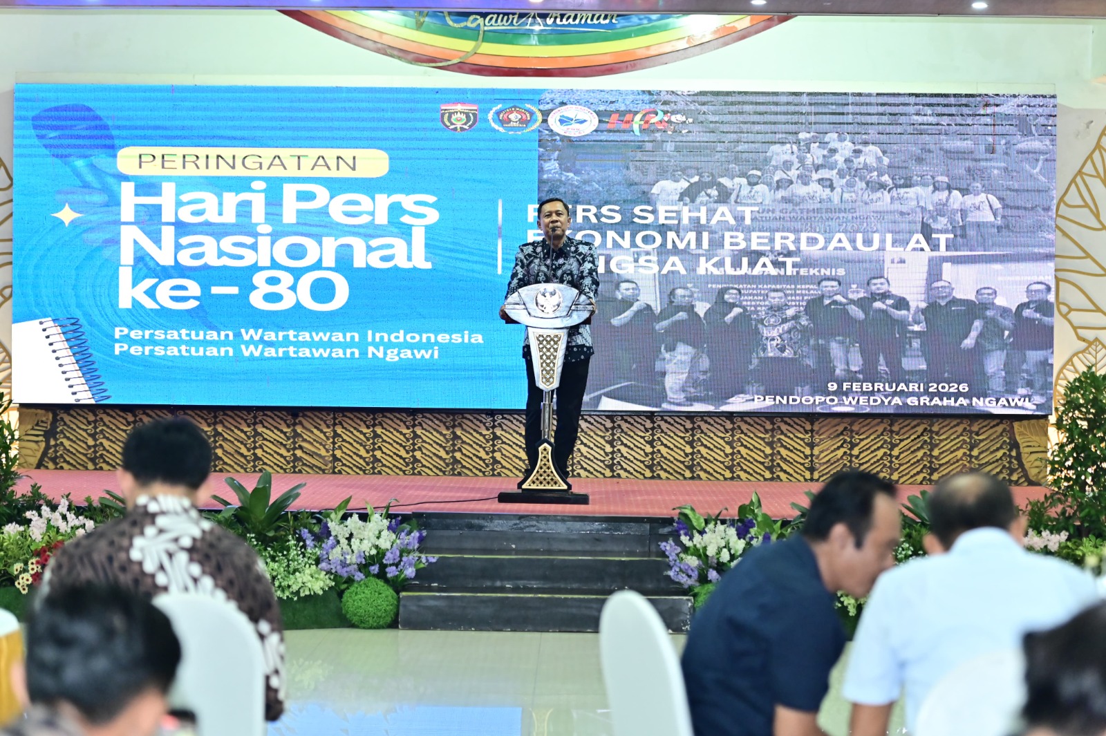 PEDULI: Wabup Ngawi Dwi Rianto Jatmiko mendorong insan pers memperkuat profesionalisme dalam momentum HPN 2026, kemarin (9/2). ASEP SYAEFUL/RADAR NGAWI