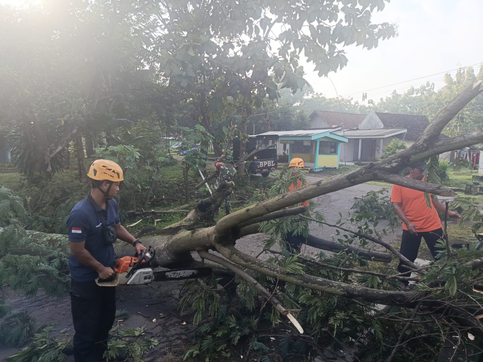 POTONG: Petugas BPBD Magetan mengevakuasi pohon tumbang yang sempat menutup akses jalan di Desa Karangsono, Kecamatan Barat, Selasa (10/2) malam.