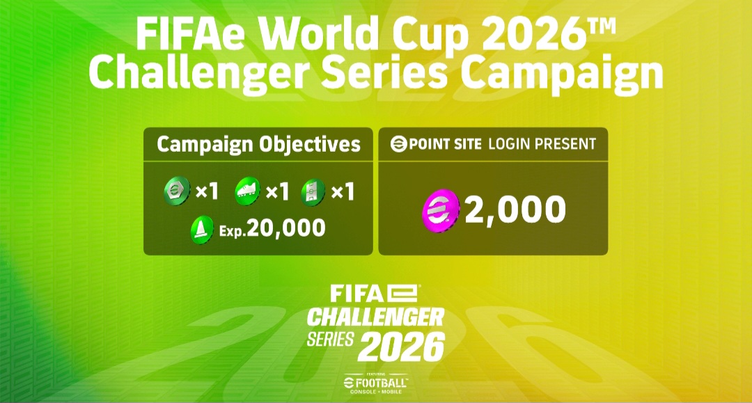 Event FIFAe World Cup 2026 Challenger Series resmi hadir di eFootball, dengan hadiah token penting dan bonus 2.000 Poin eFootball gratis.