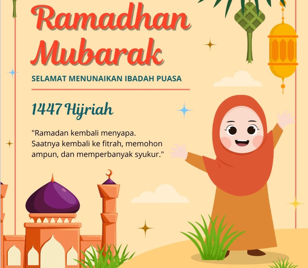 Contoh poster Ramadhan anak SD 2026 dengan ilustrasi lucu dan template Canva yang mudah diedit untuk kegiatan sekolah.