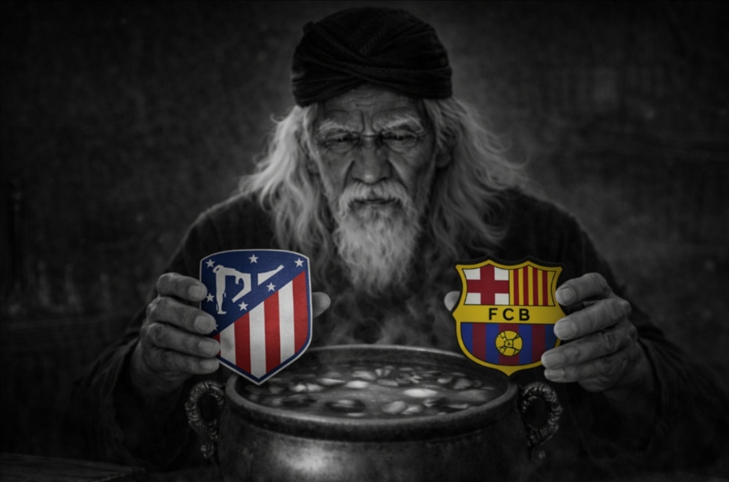 Mbah Sakat sedang serius menerawang laga Atletico Madrid vs Barcelona.