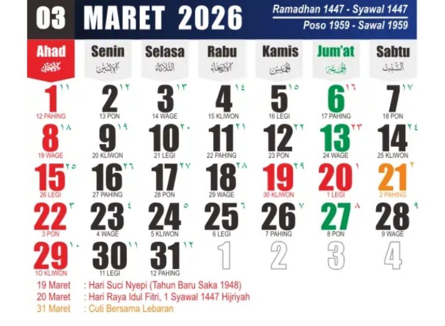 Bulan Maret 2026 hadirkan libur panjang tujuh hari berturut-turut.