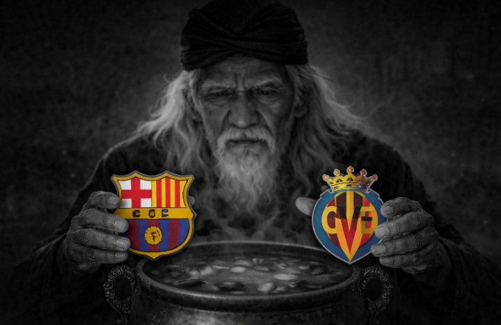 Mbah Sakat sedang serius meramal laga Barcelona vs Villarreal.