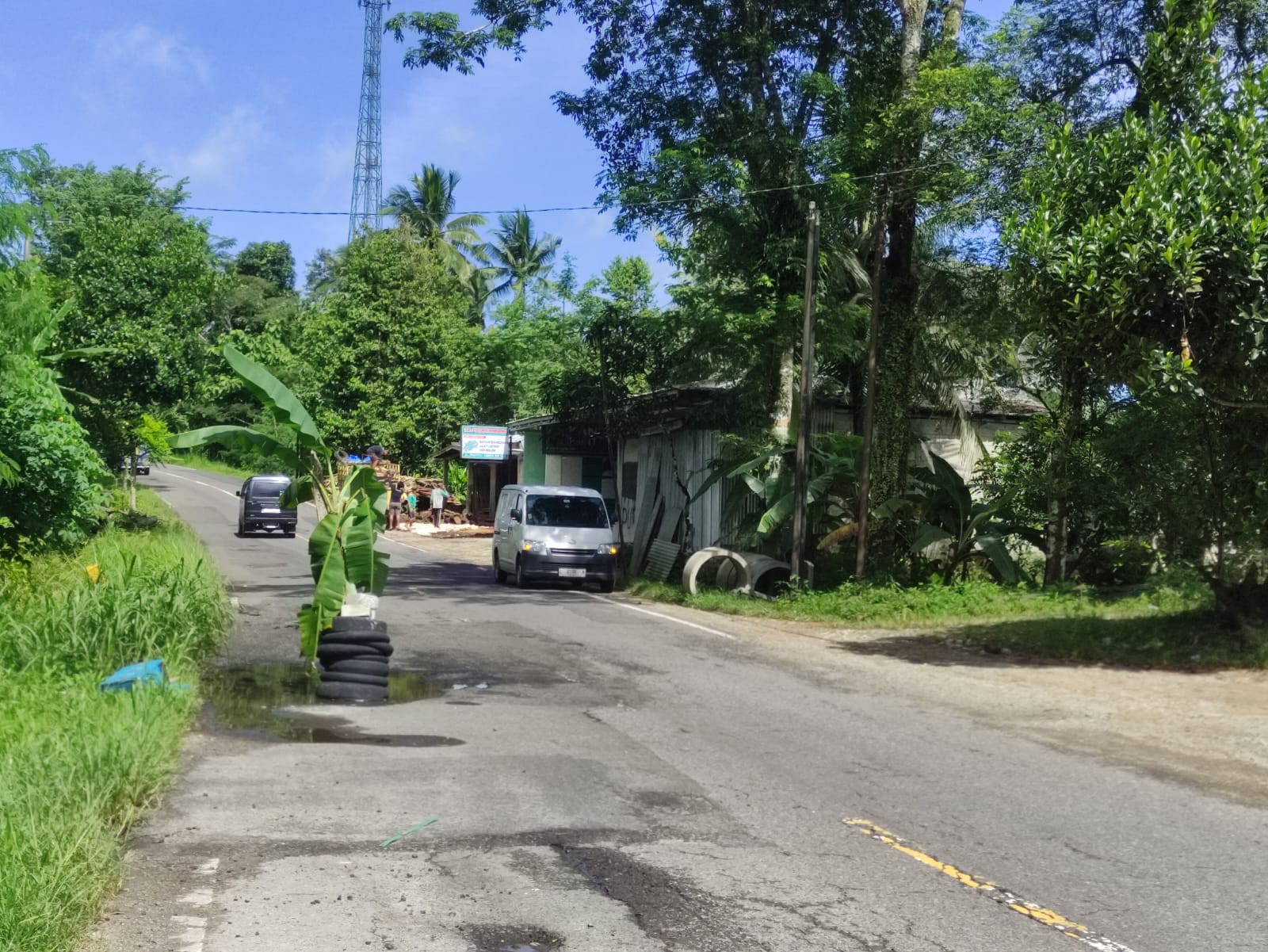 PERINGATAN WARGA: Warga Desa Wonogondo menanam pohon pisang di lubang Jalan Nasional Pacitan&ndash;Lorok sebagai penanda bahaya. NUR CAHYONO/RADAR PACITAN