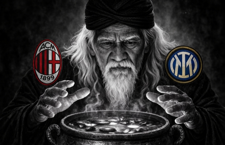 Mbah Sakat sedang serius meramal jalannya laga AC Milan vs Inter Milan.