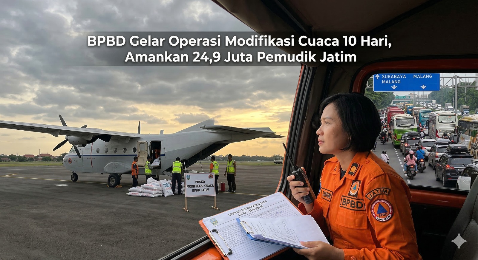 Operasi modifikasi cuaca oleh BPBD Jatim disiapkan untuk mengamankan pergerakan 24,9 juta pemudik (Generated by Gemini AI)