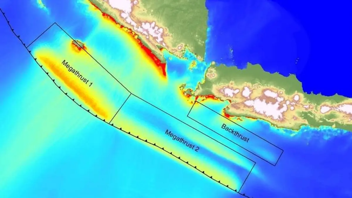 Foto: Segmen zona megathrust di selatan Jawa dan Sumatra. (Dok. Jurnal On the potential for megathrust earthquakes and tsunamis off the southern coast of West Java and southeast Sumatra, Indonesia)