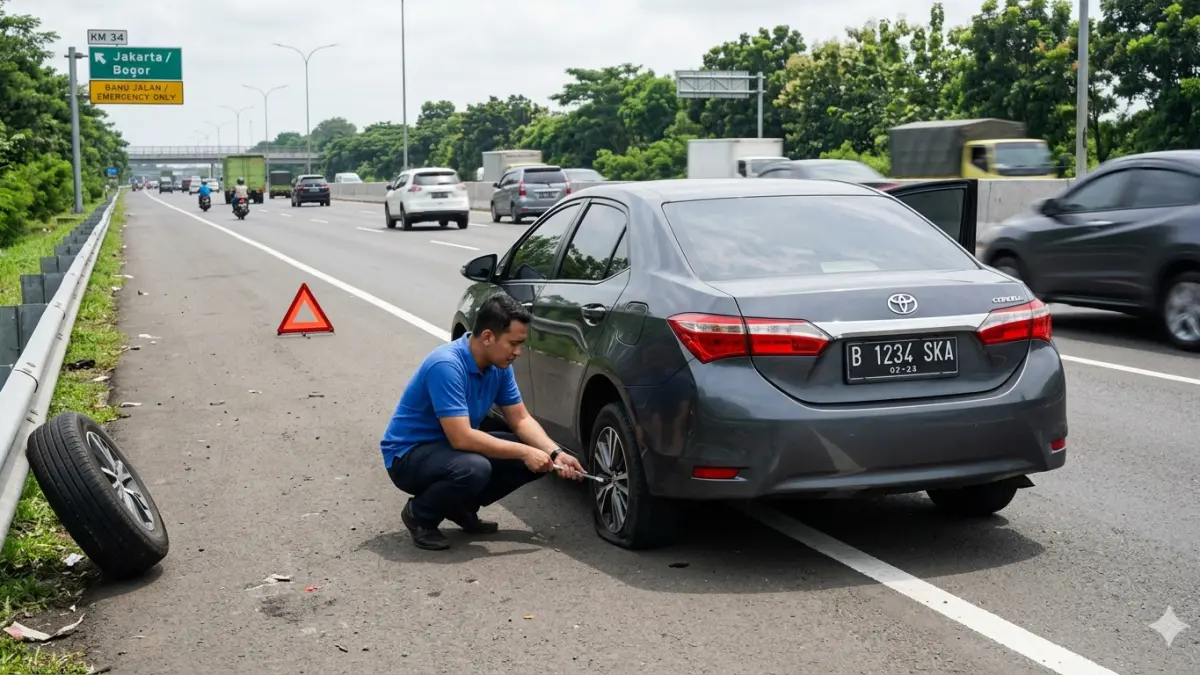 Ilustrasi ban bocor di tol