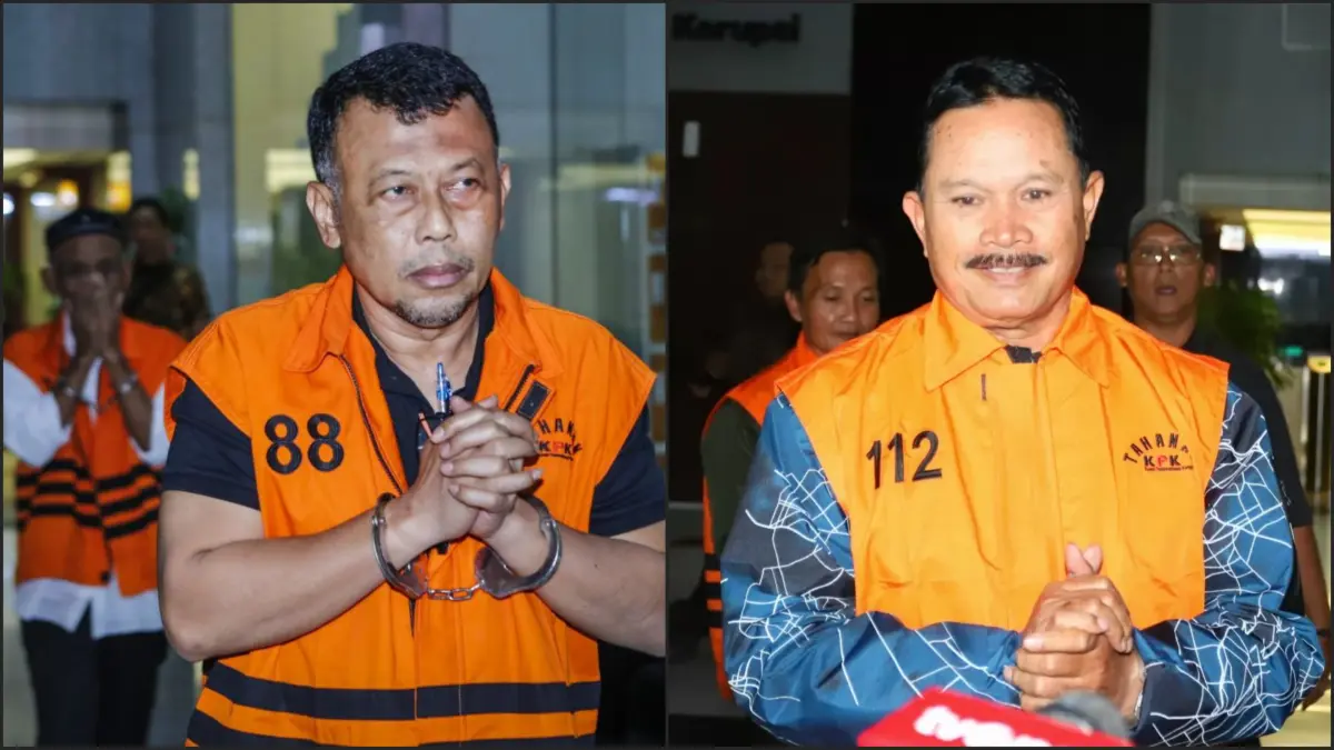 Bupati Ponorogo Nonaktif Sugiri Sancoko dan Wali Kota Madiun Nonaktif Maidi mengenakan rompi tersangka usai kena OTT KPK. (ANTARA)