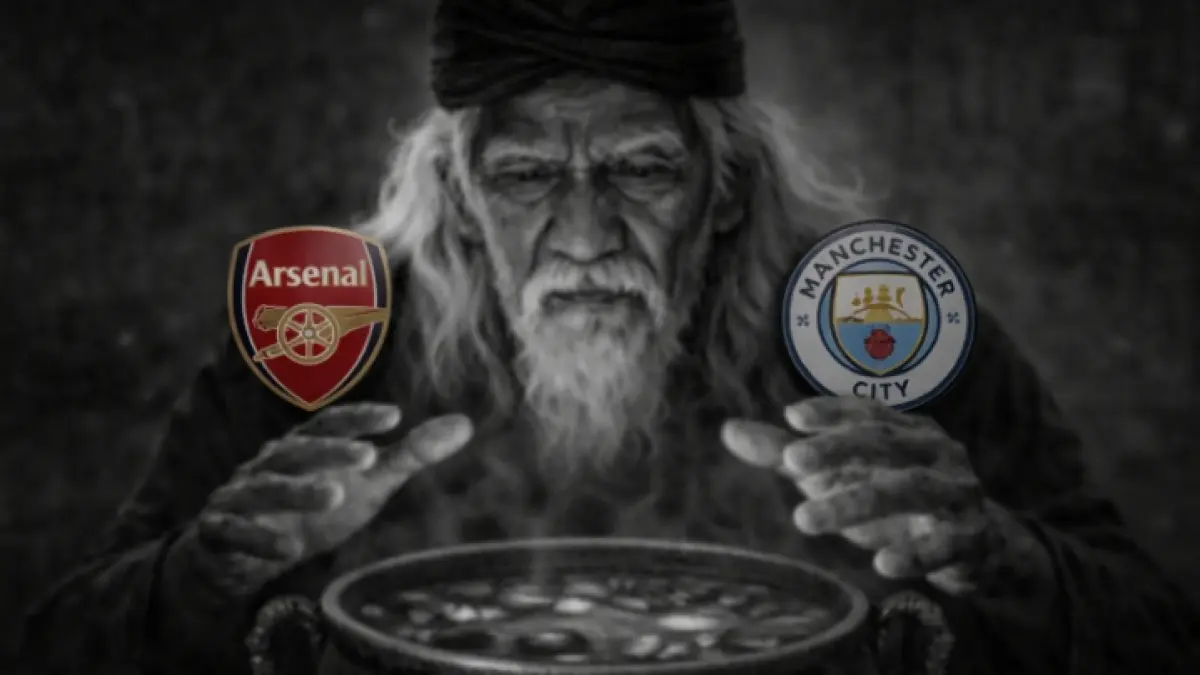 Mbah Sakat sedang meramal laga Arsenal vs Manchester City.