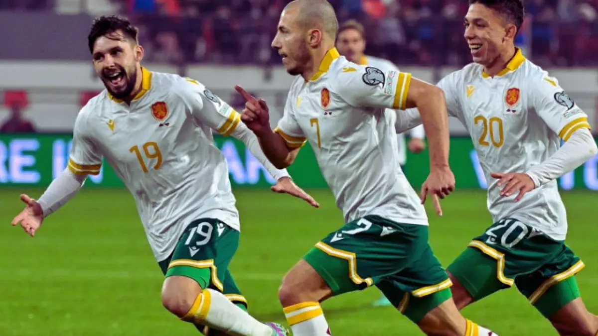 Para pemain Timnas Bulgaria merayakan gol. (NOVINITE)