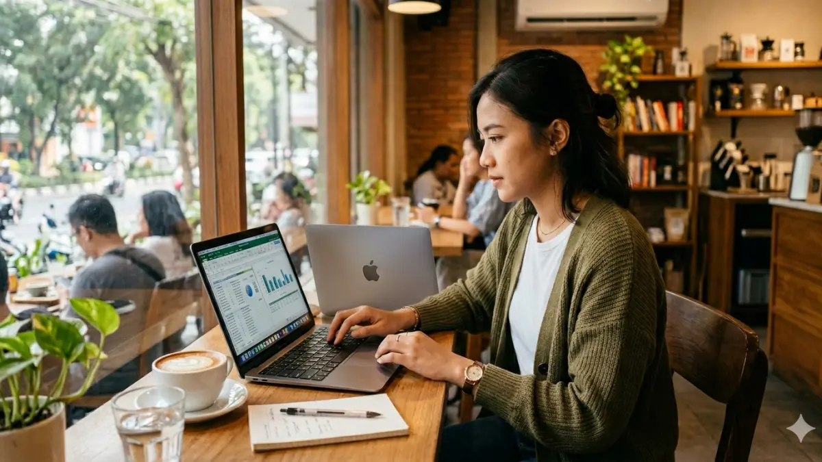 Ilustrasi orang menggunakan macbook 