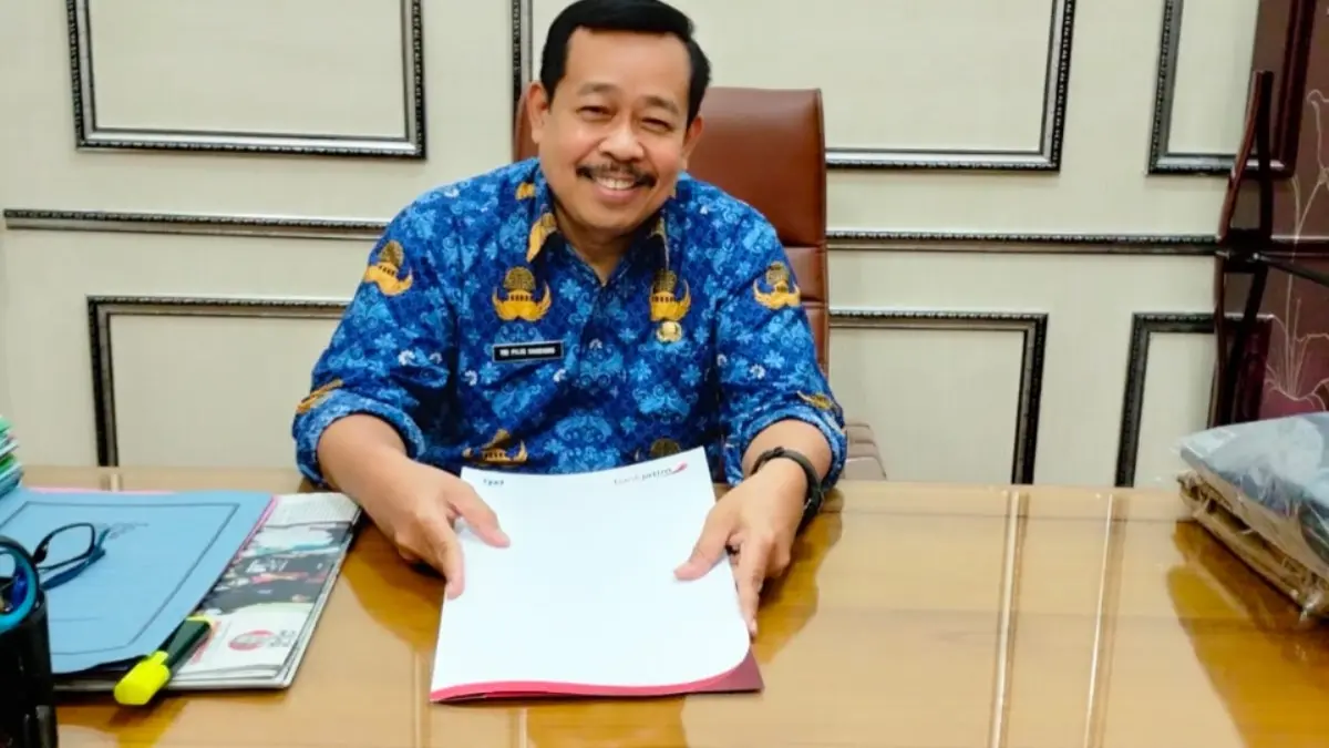 Kepala Bakeu Ngawi Tri Pujo Handono menjelaskan realisasi pendapatan daerah Ngawi triwulan I 2026 yang masih didominasi transfer pusat. ASEP SYAEFUL/RADAR NGAWI