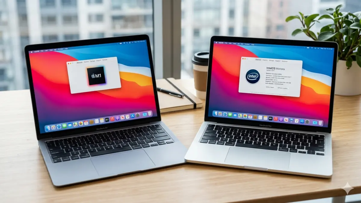 Ilustrasi macbook air m1 dan MacBook Pro intel series