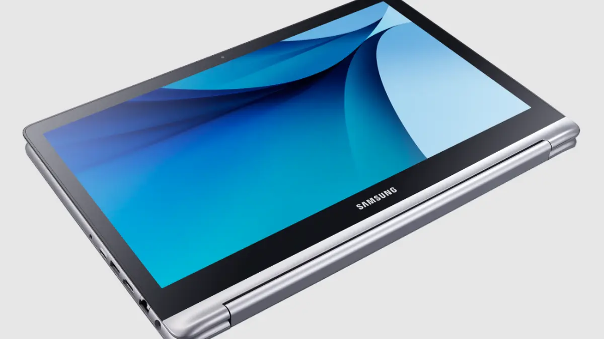 Ilustrasi laptop Samsung layar sentuh.